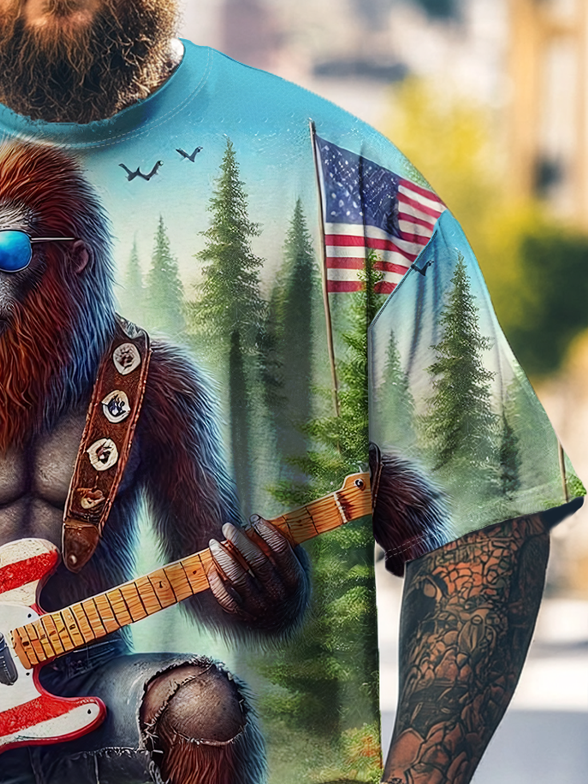 Big Size Men's American Flag Bigfoot Guitar Rock Loose T-shirt