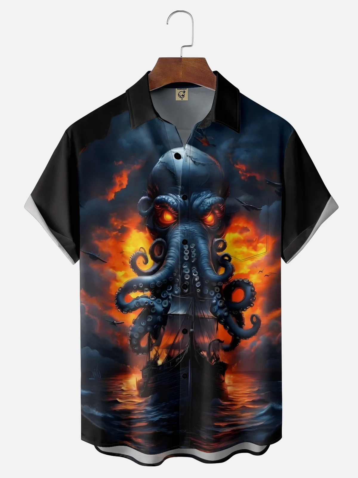 Moisture-wicking Pirate Ship Octopus Chest Pocket Casual Shirt