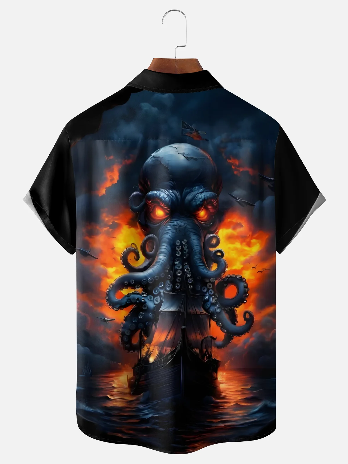 Moisture-wicking Pirate Ship Octopus Chest Pocket Casual Shirt