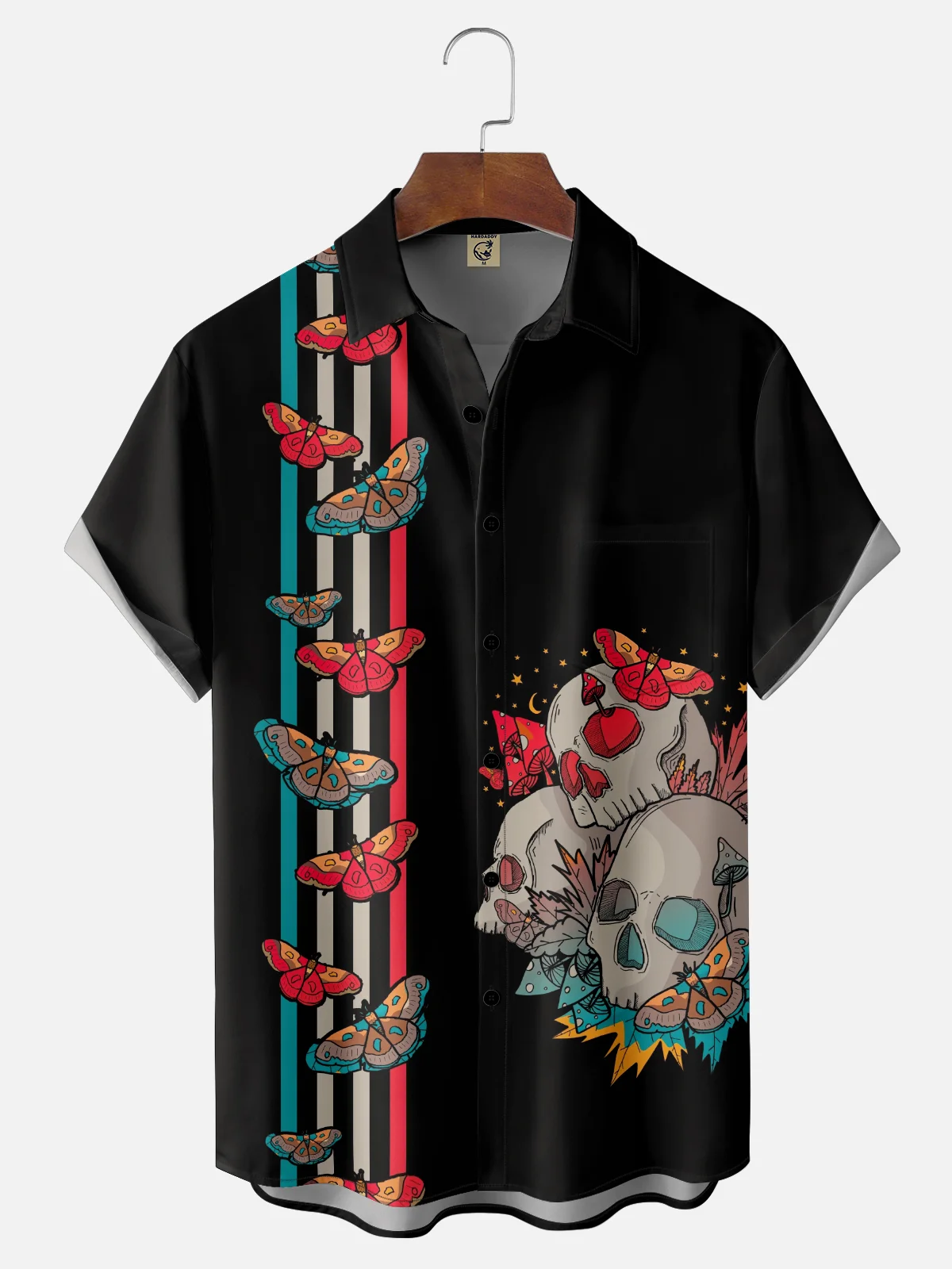 Hardaddy x Stephen Wade Moisture Wicking Skull Butterfly Geometric Chest Pocket Hawaiian Shirt