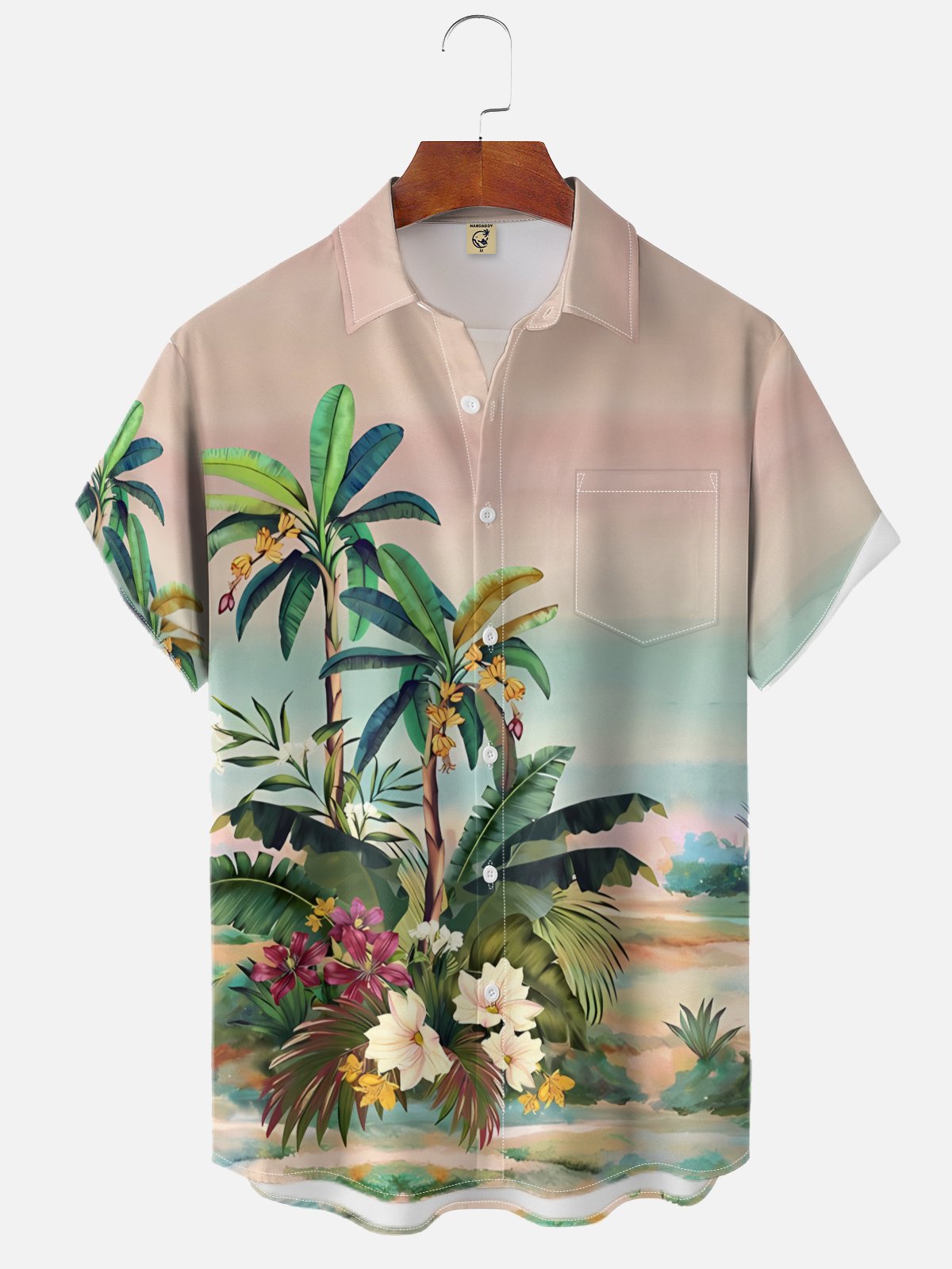 Moisture-wicking Palm Tree Chest Pocket Hawaiian Shirt