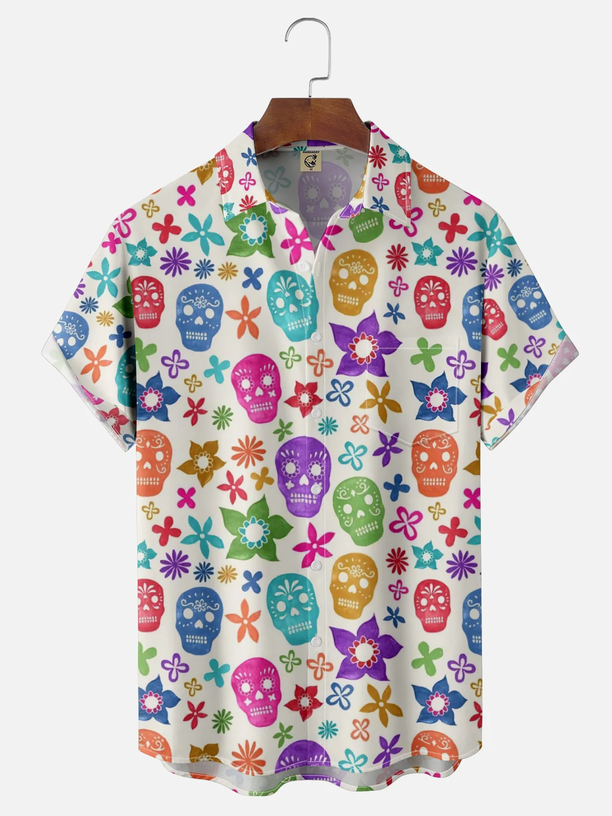Moisture-wicking Mexican Skull Floral Chest Pocket Casual Shirt