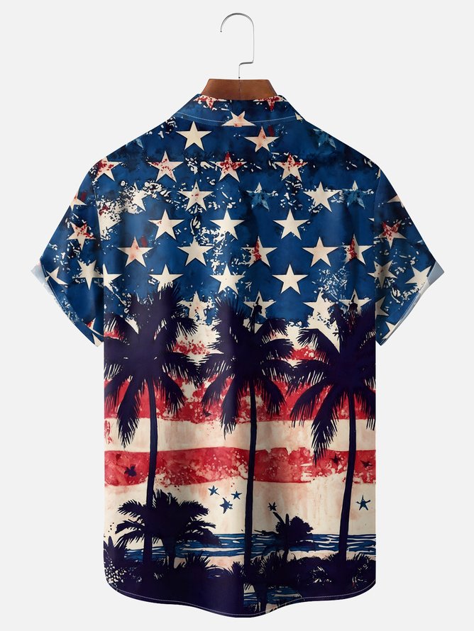 Tall Size Moisture-wicking American Flag Palm Tree Chest Pocket Hawaiian Shirt