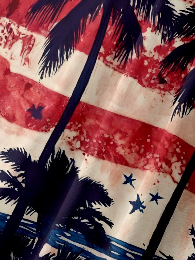 Tall Size Moisture-wicking American Flag Palm Tree Chest Pocket Hawaiian Shirt