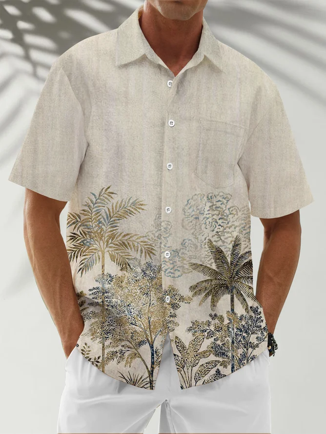 Tall Size Moisture Wicking Coconut Tree Chest Pocket Hawaiian Shirt