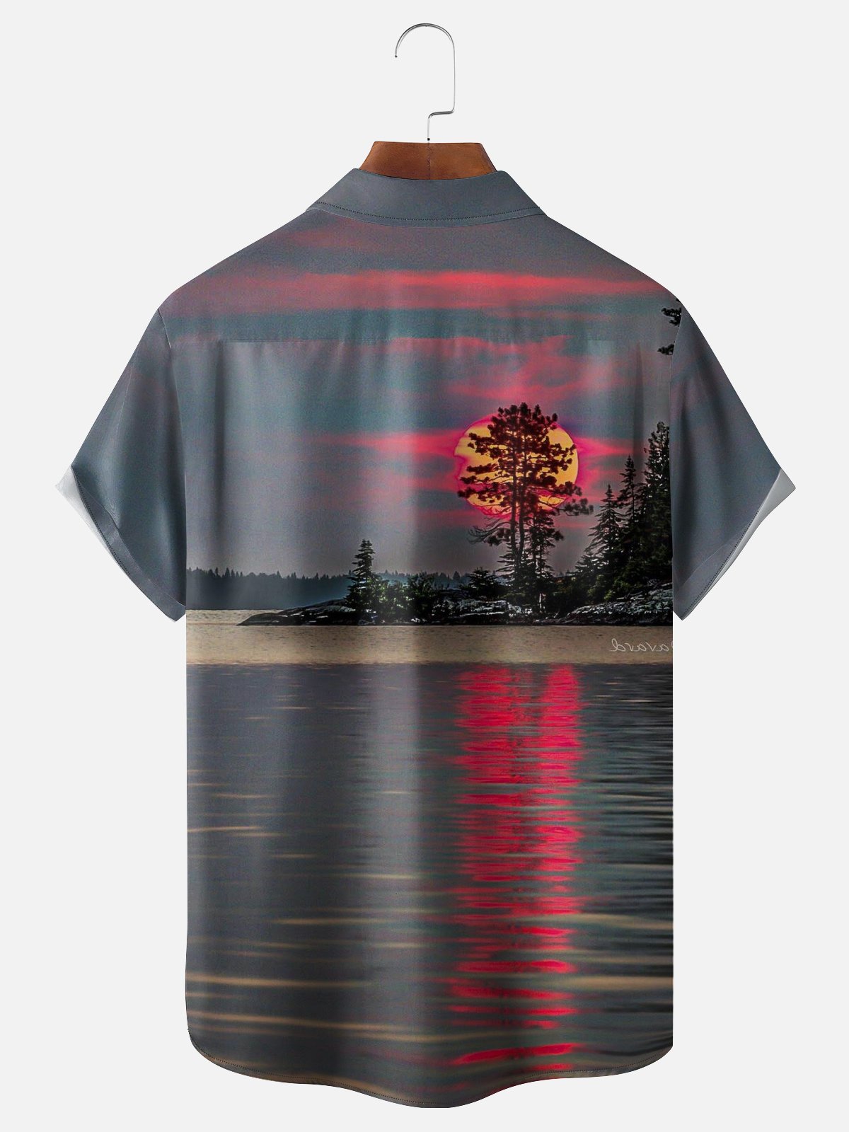 Vacation Style Hawaiian Series Sunset Gradient Sky Scenery Element Pattern Lapel Short-Sleeved Shirt Print Top