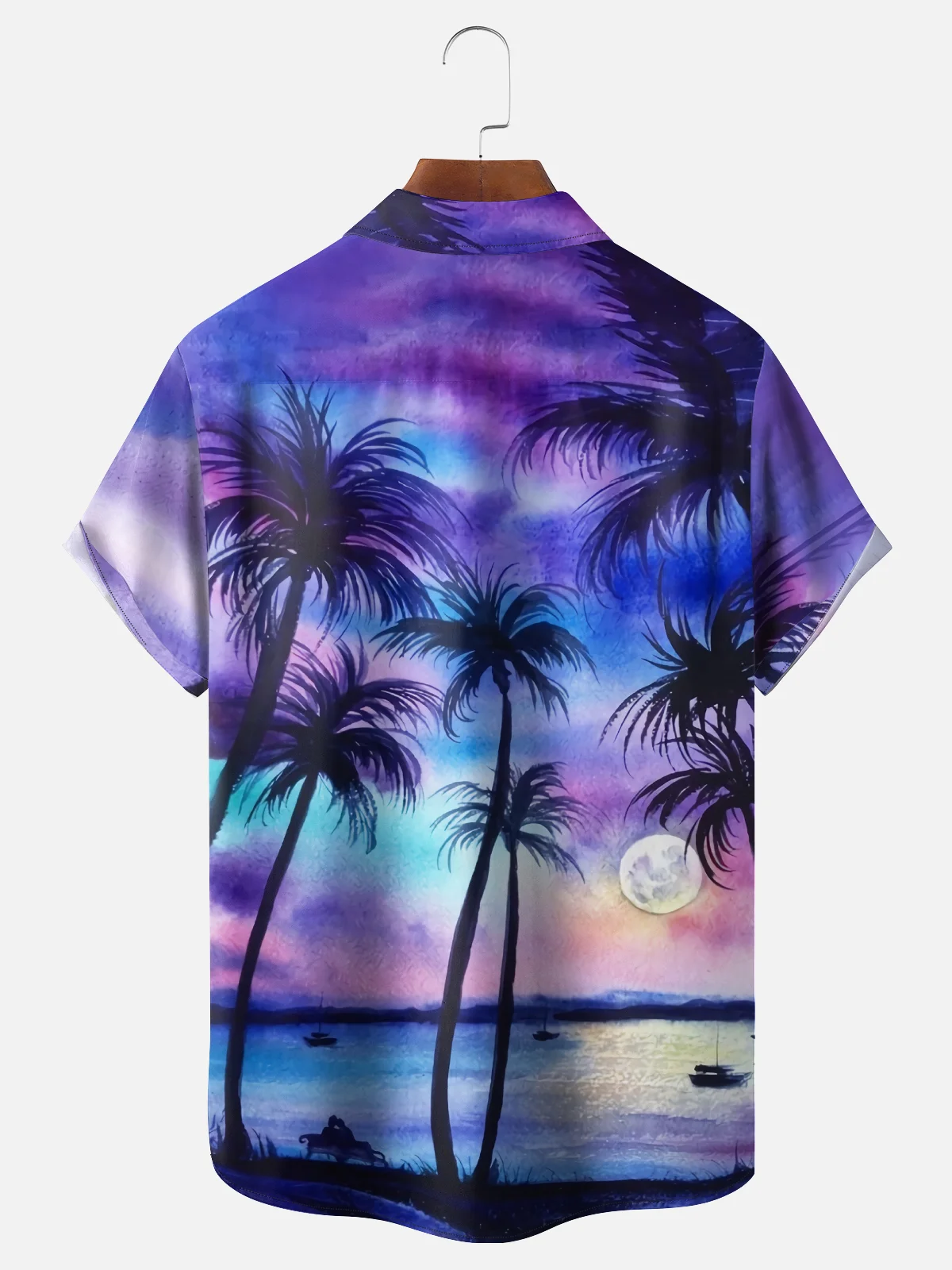 Mens Coconut Tree Sunset Print Casual Breathable Chest Pocket Short Sleeve Hawaiian Shirt