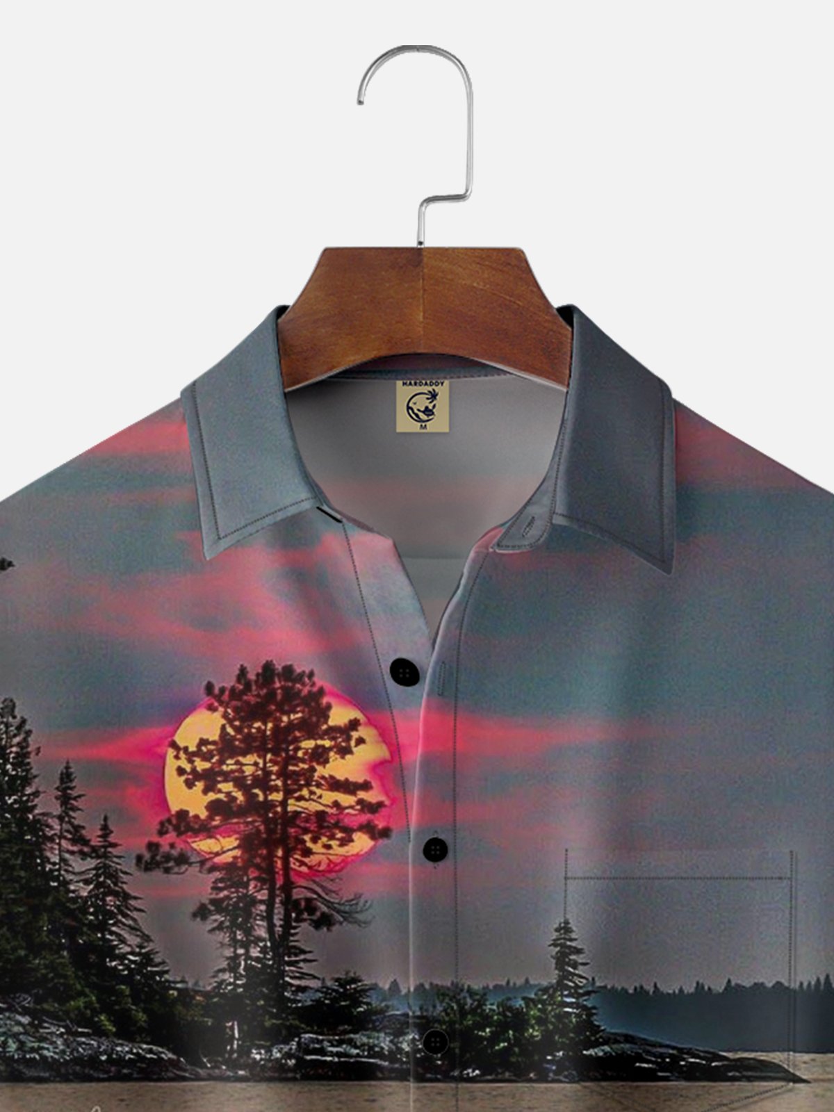 Vacation Style Hawaiian Series Sunset Gradient Sky Scenery Element Pattern Lapel Short-Sleeved Shirt Print Top