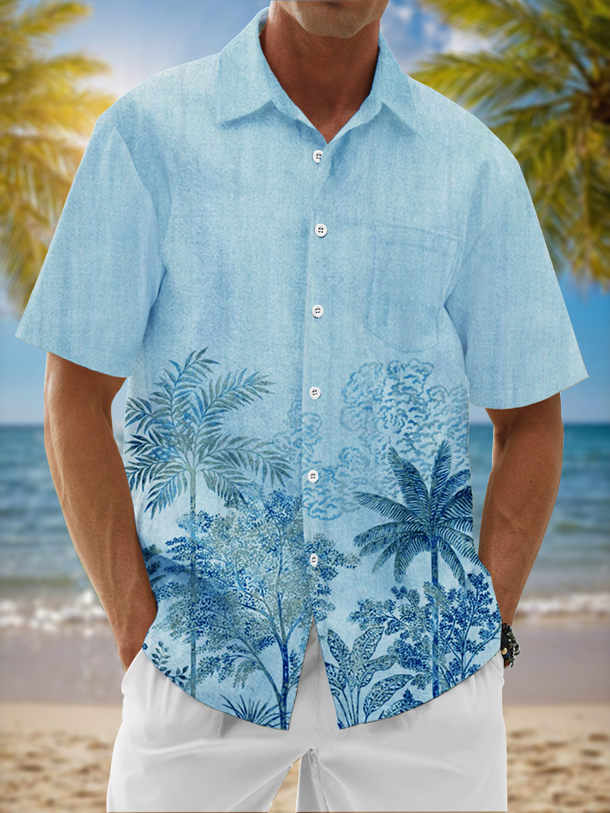 Moisture Wicking Coconut Tree Botanical Chest Pocket Hawaiian Shirt