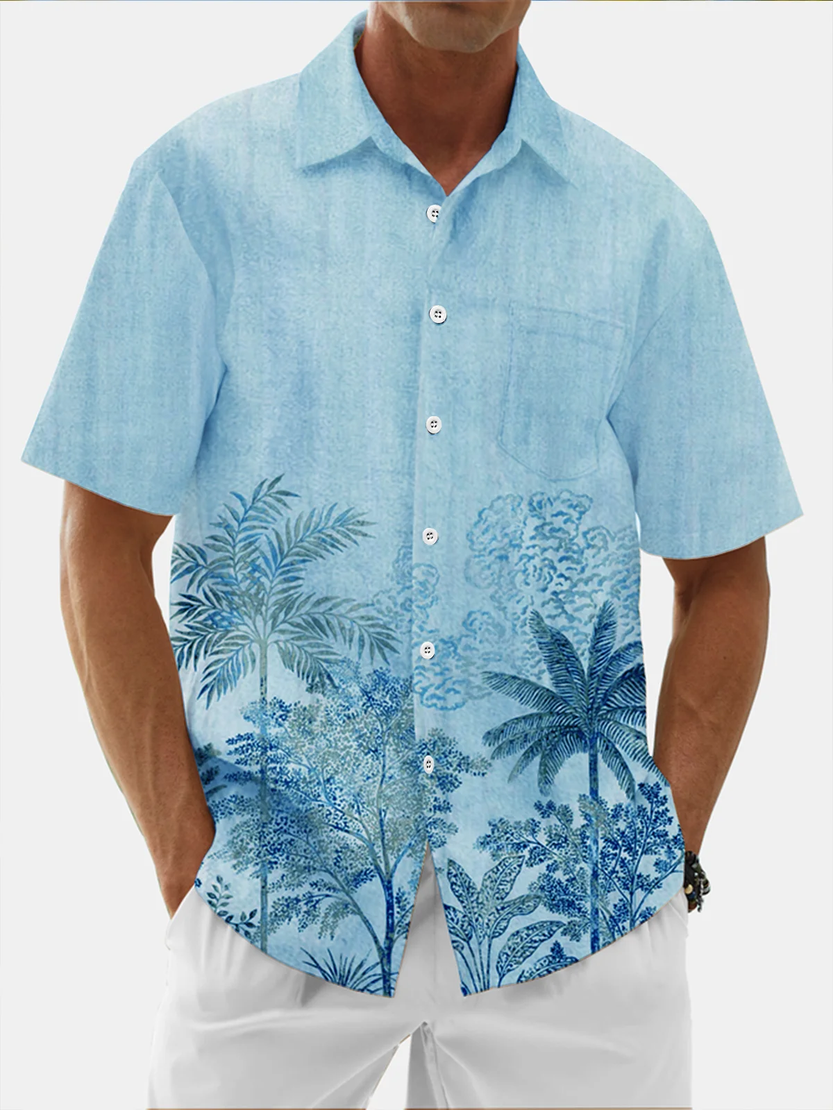 Moisture Wicking Coconut Tree Botanical Chest Pocket Hawaiian Shirt