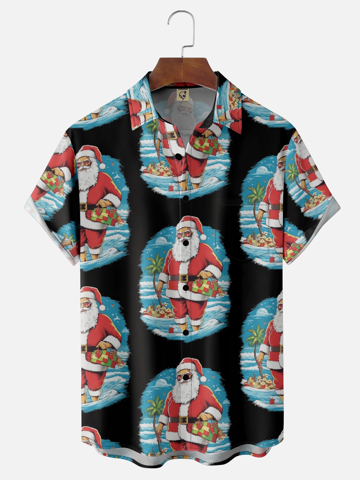Moisture-Wicking Santa Claus Coconut Tree Beach Chest Pocket Hawaiian Shirt