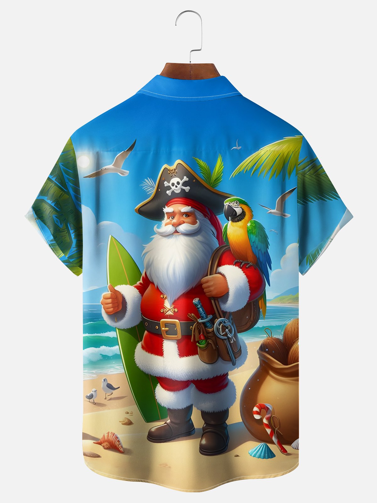 Moisture-wicking Christmas Pirate Santa Claus Parrots Chest Pocket Casual Shirt