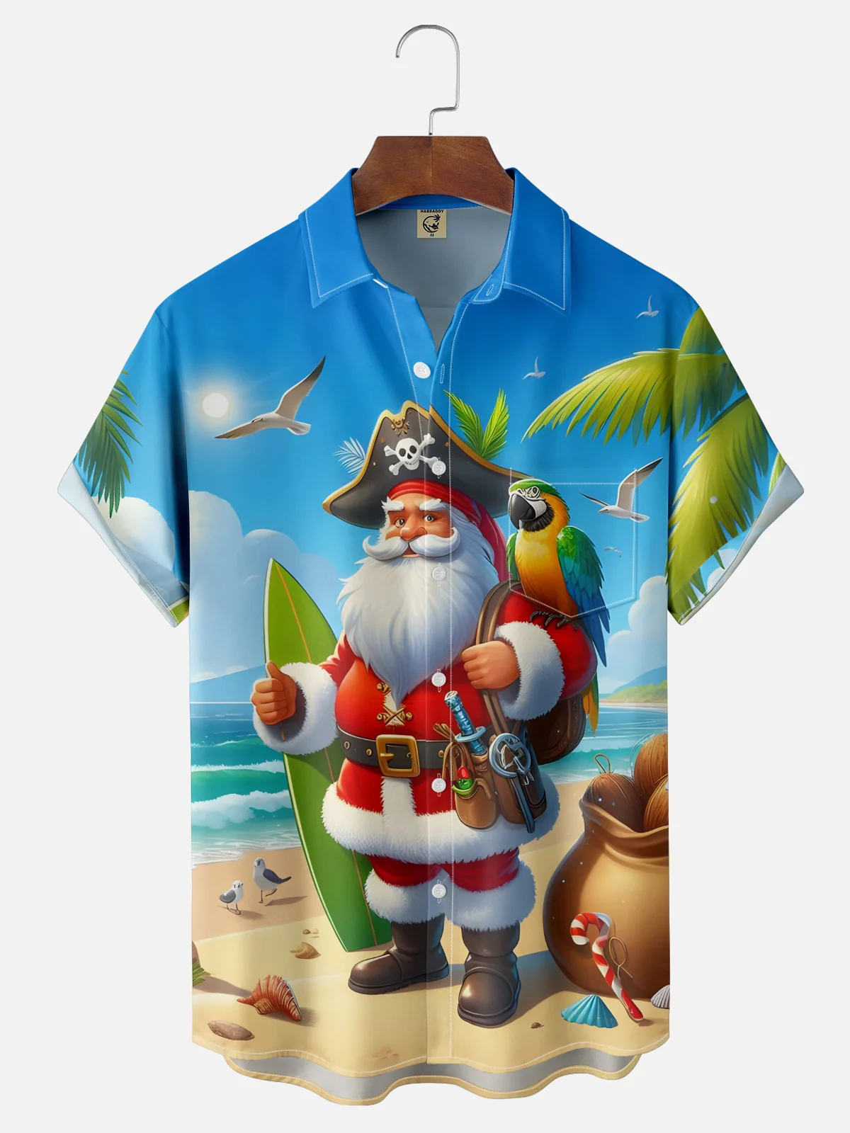 Moisture-wicking Christmas Pirate Santa Claus Parrots Chest Pocket Casual Shirt