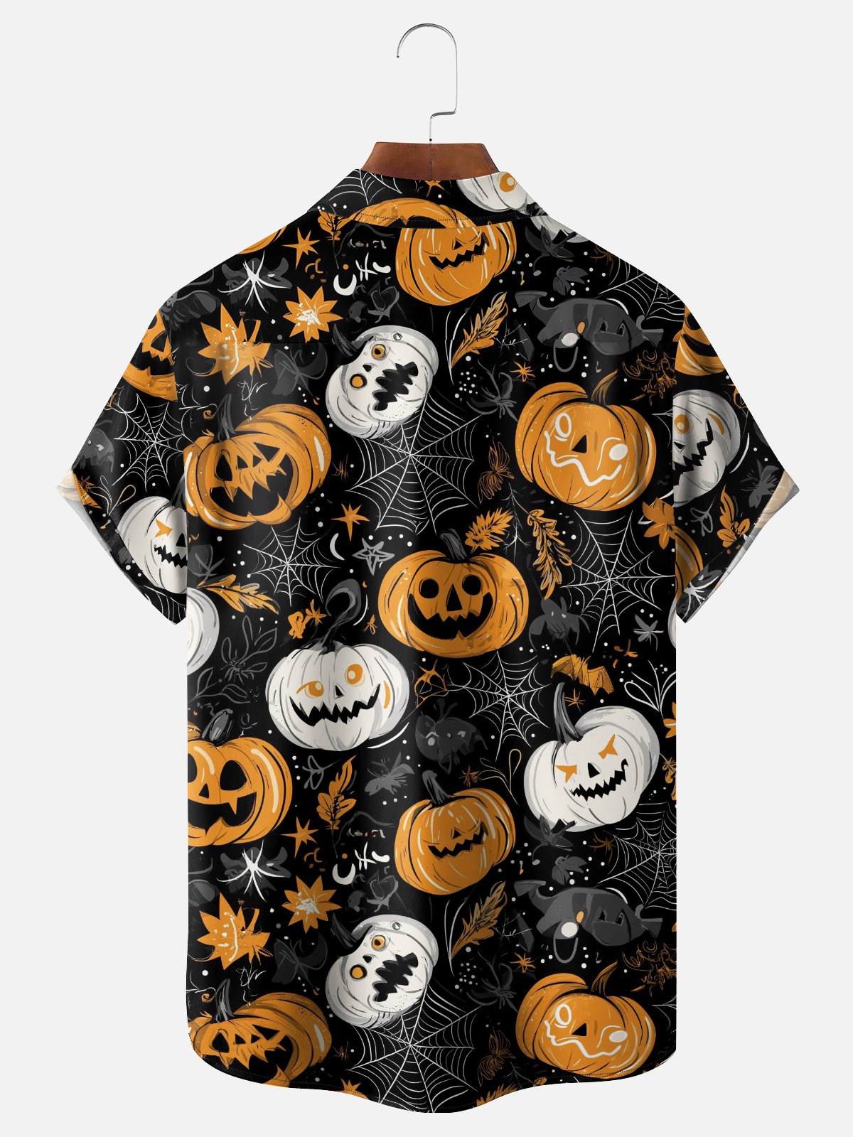 Moisture-Wicking Halloween Pumpkin Spider Web Chest Pocket Hawaiian Shirt