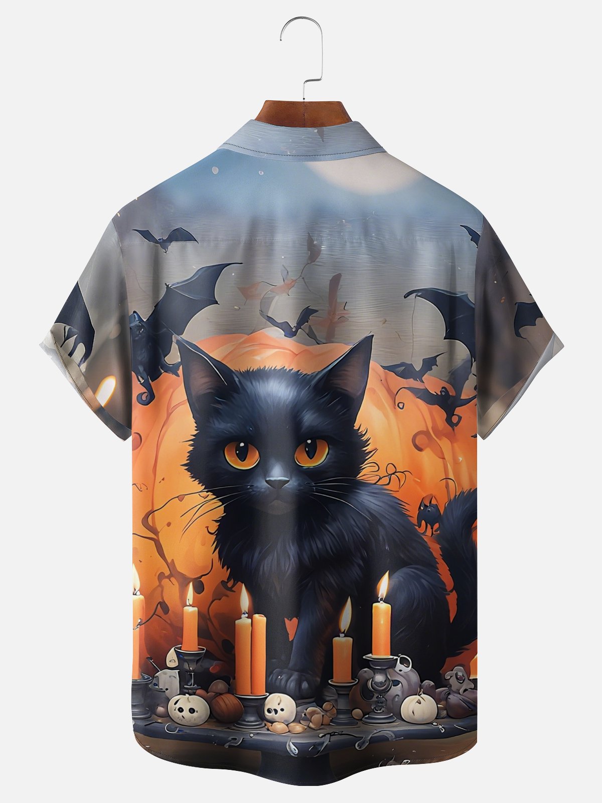 Moisture Wicking Halloween Black Cat Pumpkin Skull Chest Pocket Hawaiian Shirt