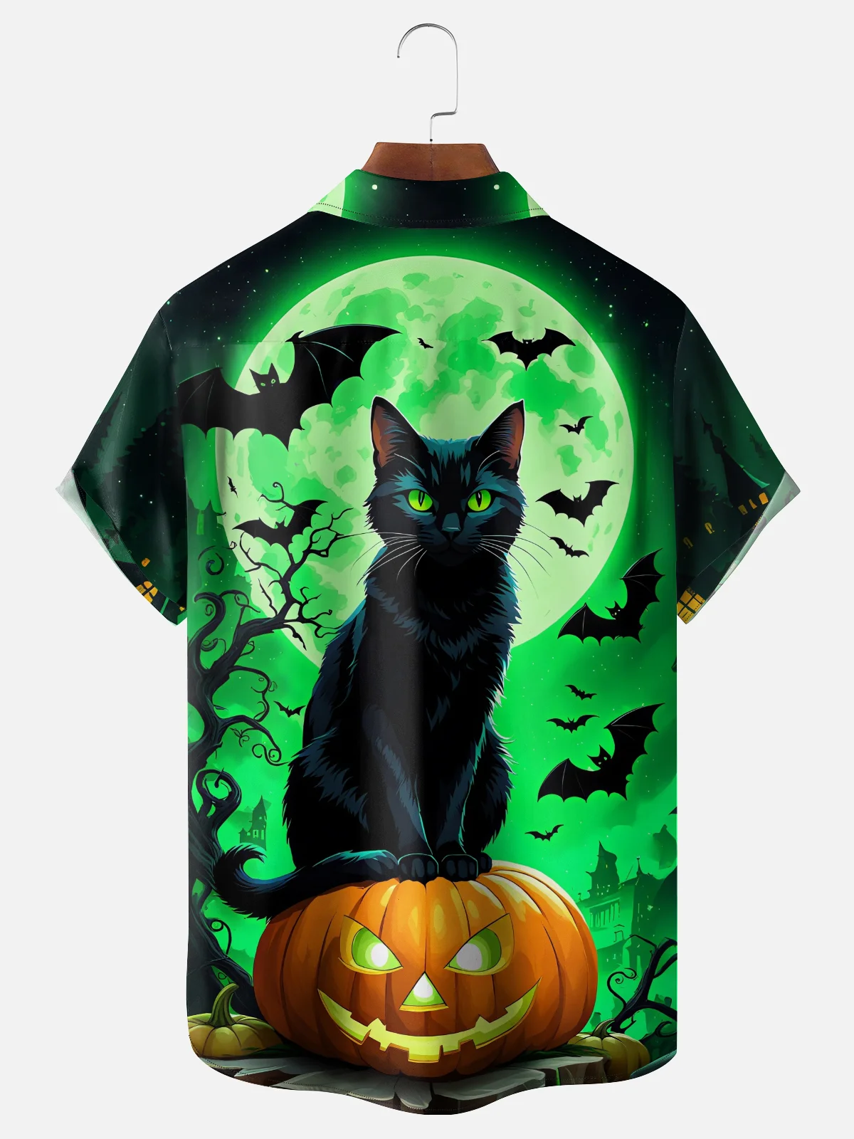 Moisture-Wicking Gradient Halloween Black Cat Pumpkin Bat Chest Pocket Hawaiian Shirt