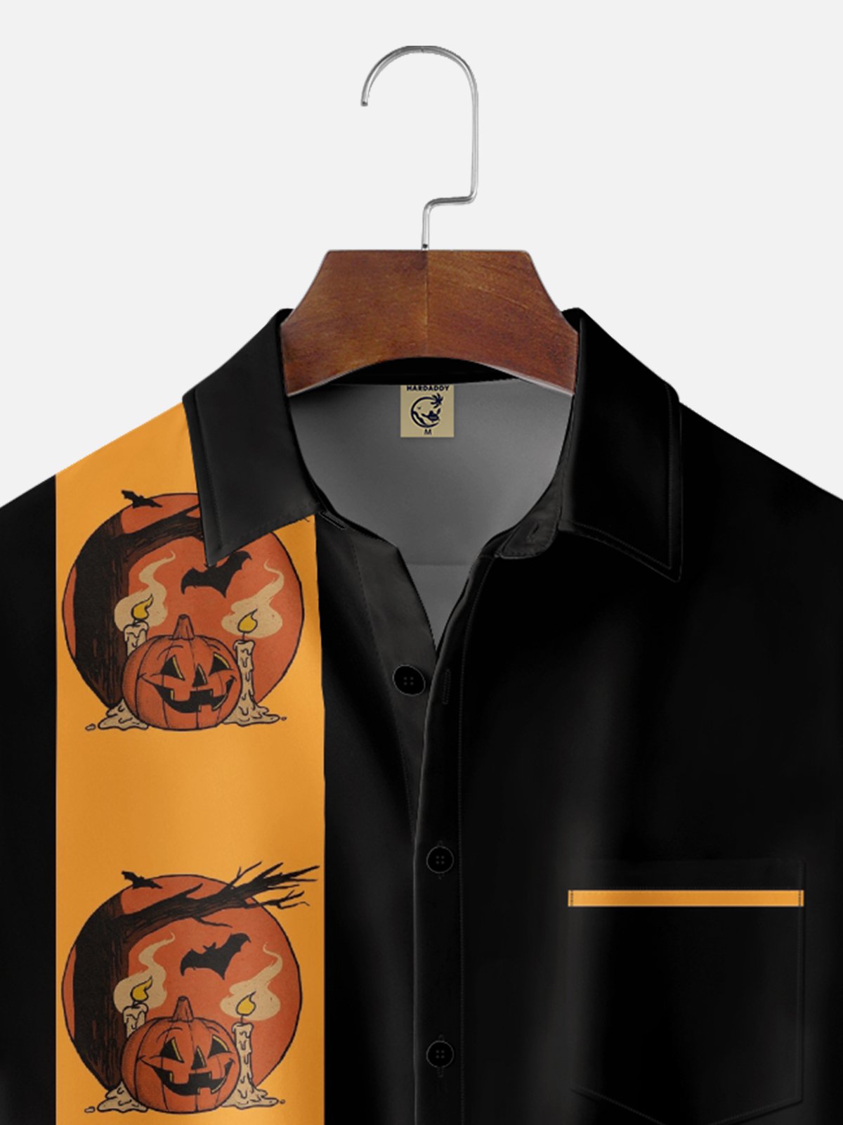 Moisture-Wicking Halloween Pumpkin Bat Chest Pocket Bowling Shirt