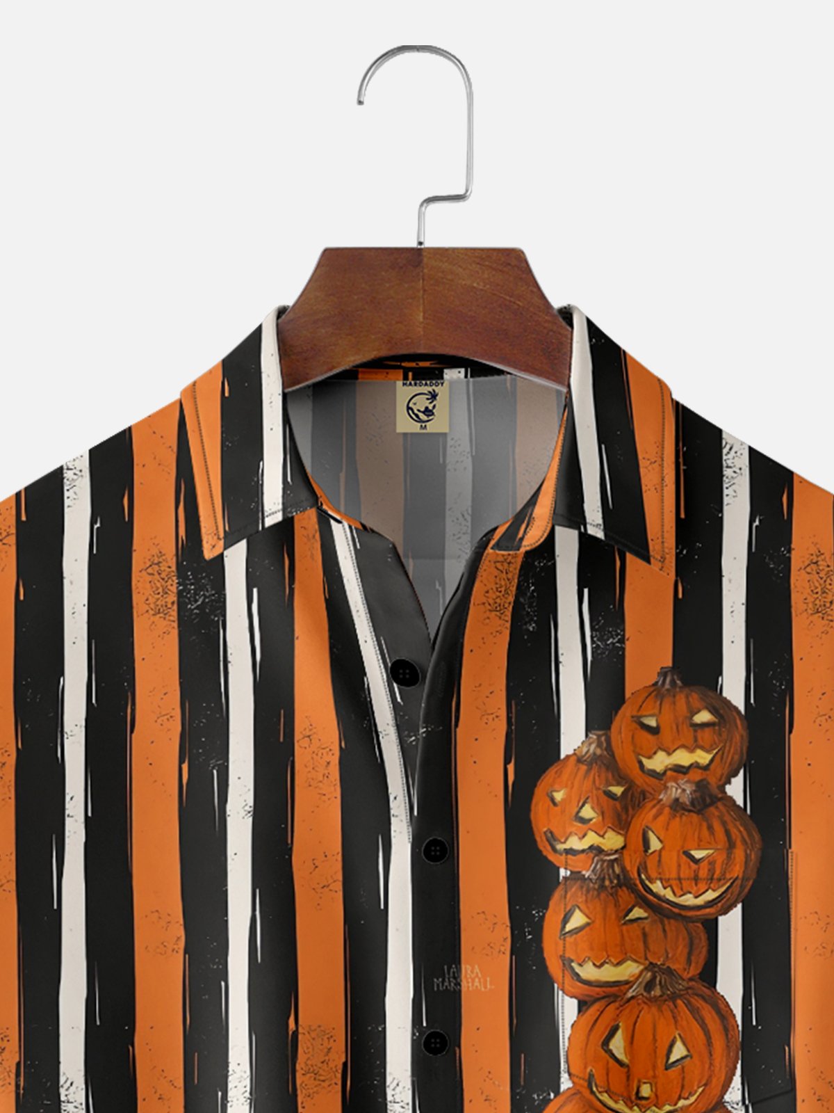 Moisture-Wicking Halloween Striped Pumpkin Chest Pocket Hawaiian Shirt
