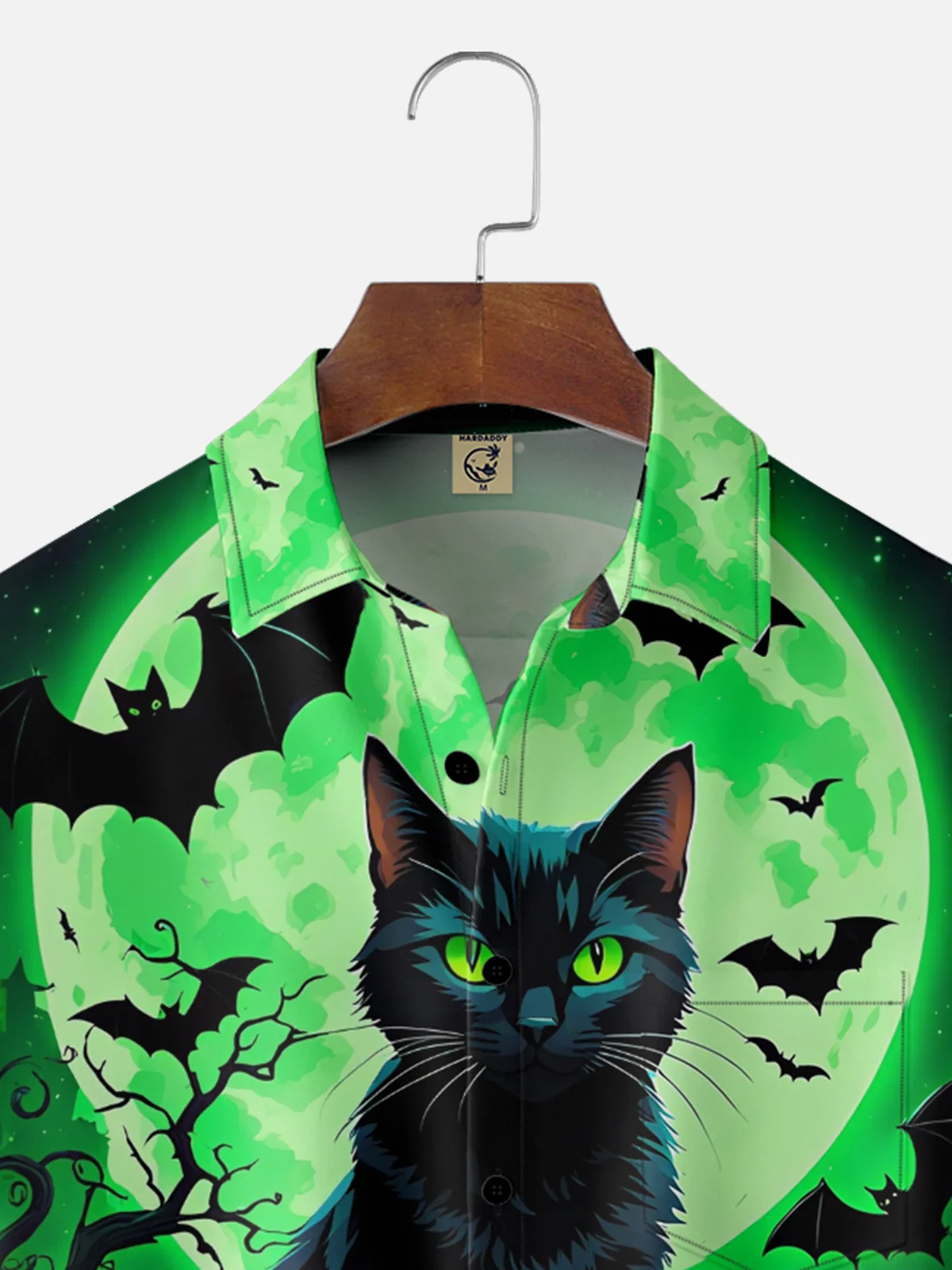 Moisture-Wicking Gradient Halloween Black Cat Pumpkin Bat Chest Pocket Hawaiian Shirt