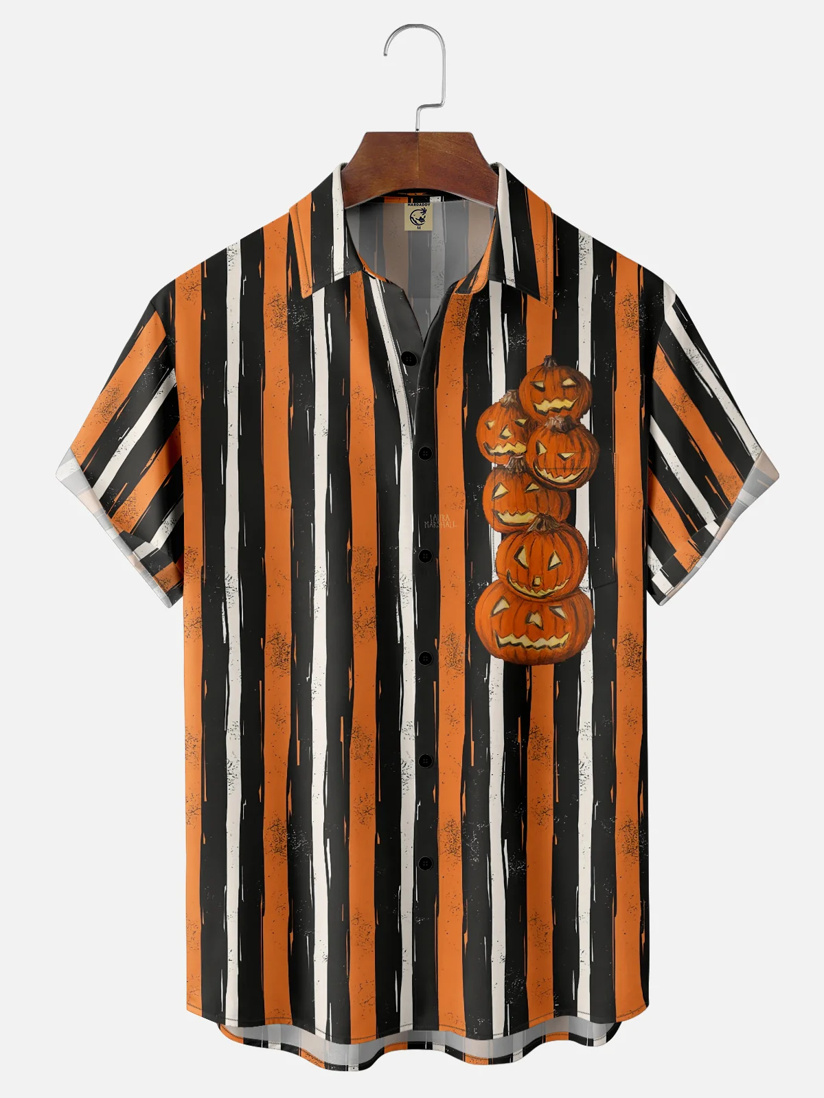 Moisture-Wicking Halloween Striped Pumpkin Chest Pocket Hawaiian Shirt