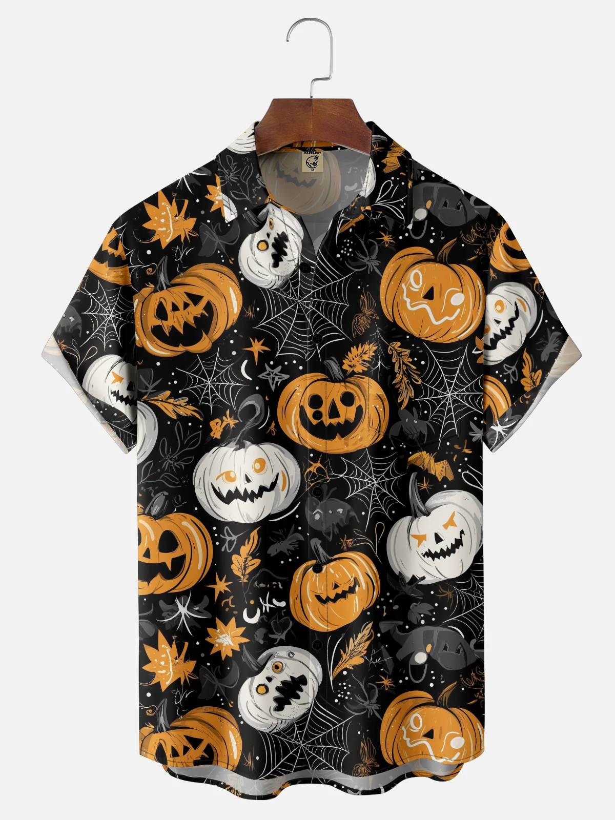 Moisture-Wicking Halloween Pumpkin Spider Web Chest Pocket Hawaiian Shirt