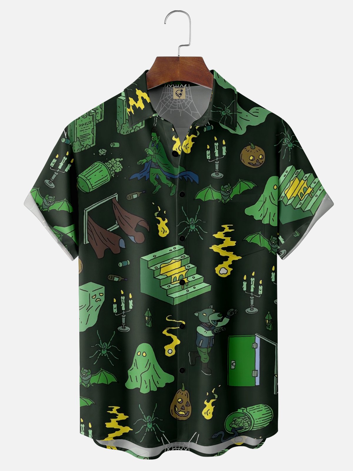 Moisture-wicking Halloween Spooky Pumpkin Spider Chest Pocket Casual Shirt