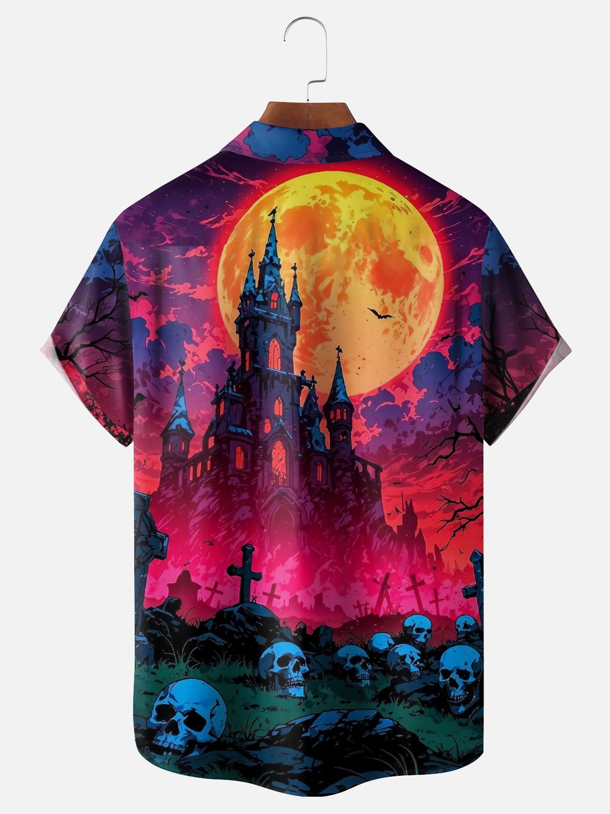 Moisture-wicking Halloween Castle Skeleton Chest Pocket Casual Shirt