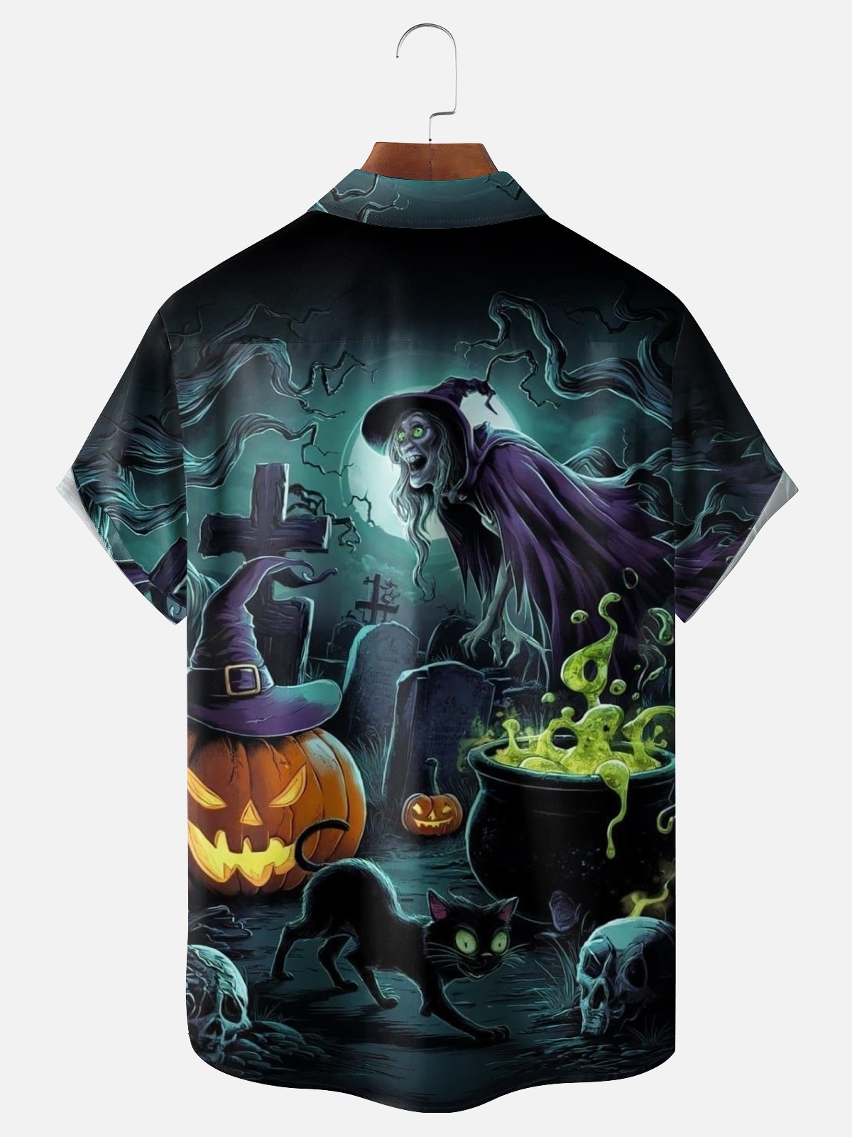 Moisture-wicking Halloween Pumpkin Witch Fun Chest Pocket Casual Shirt