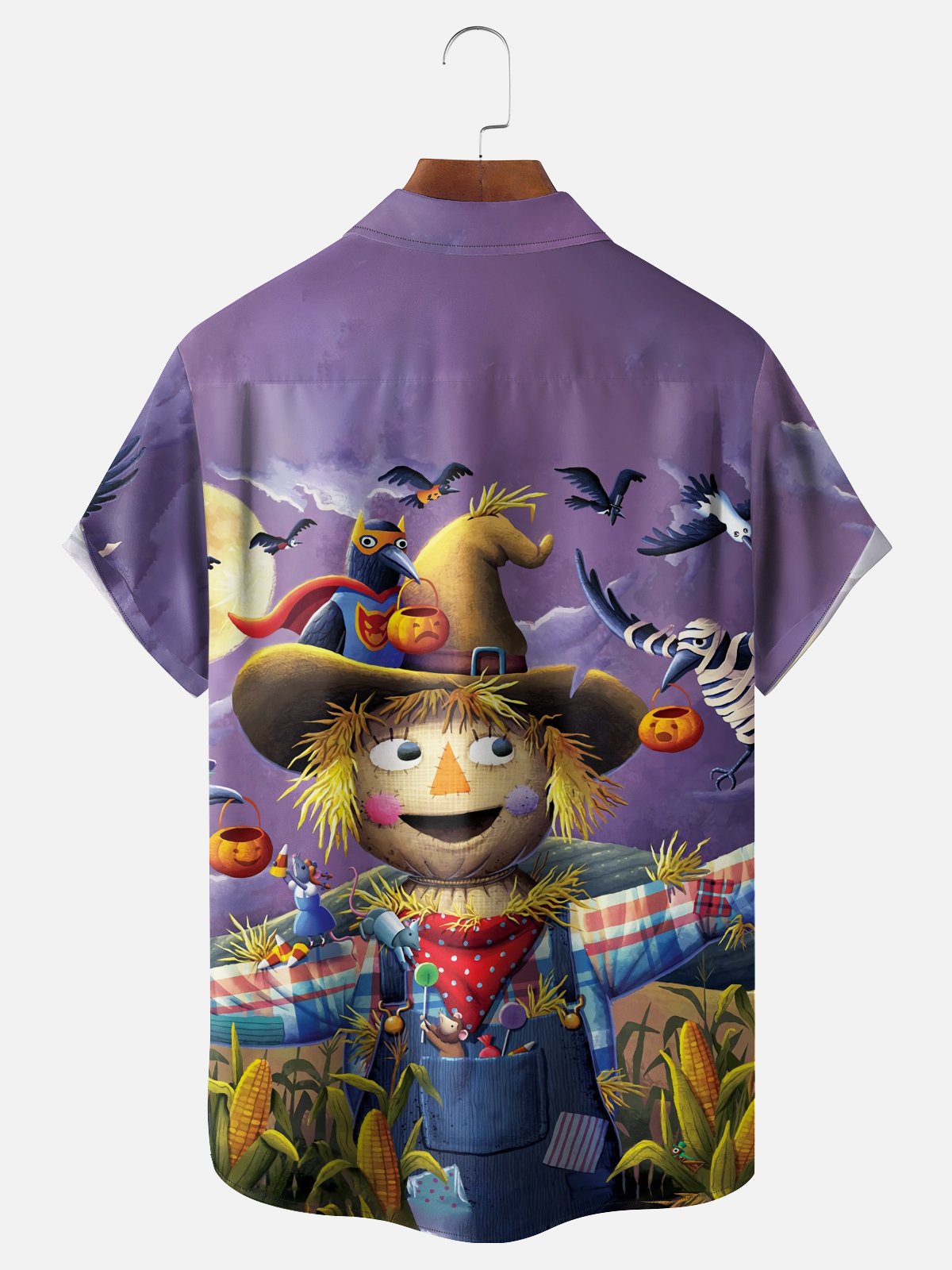Moisture-Wicking Halloween Pumpkin Scarecrow Crow Surfer Chest Pocket Hawaiian Shirt