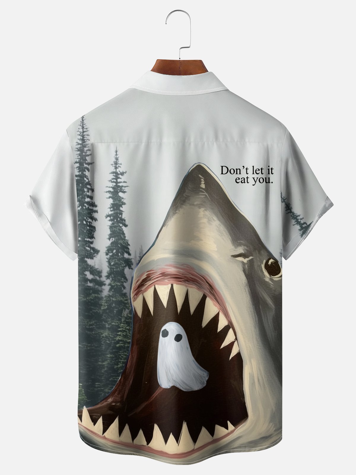 Moisture-wicking Halloween Ghost Shark Chest Pocket Casual Shirt