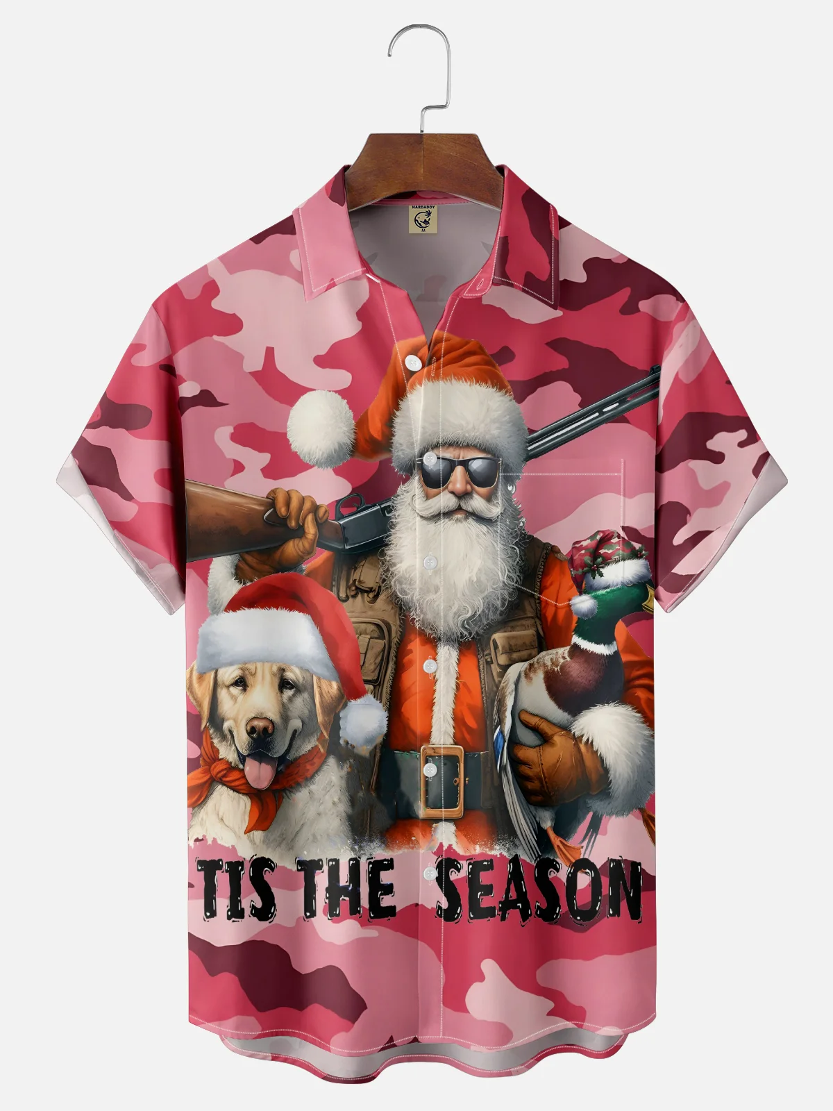 Moisture-Wicking Christmas Santa Hunting Ducks Chest Pocket Hawaiian Shirt