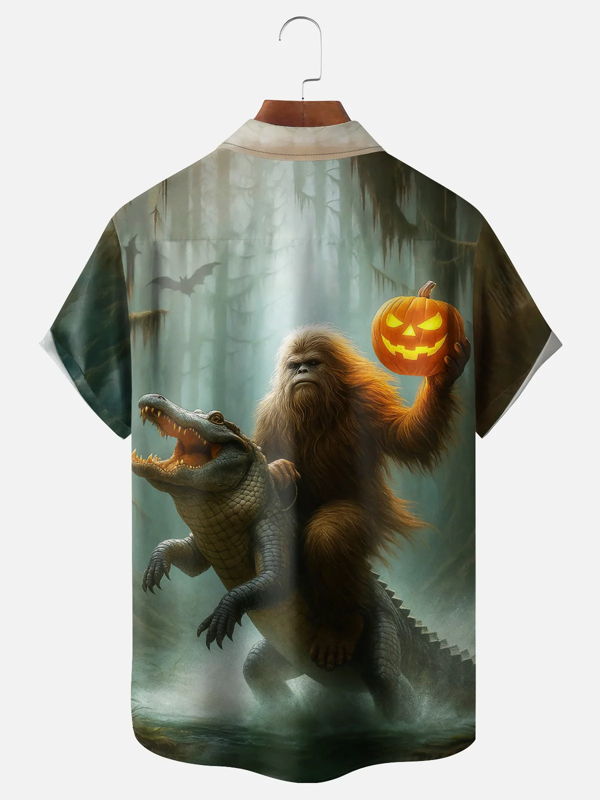 Moisture-wicking Halloween Bigfoot vs. Alligator Pumpkin Pocket Casual Shirt