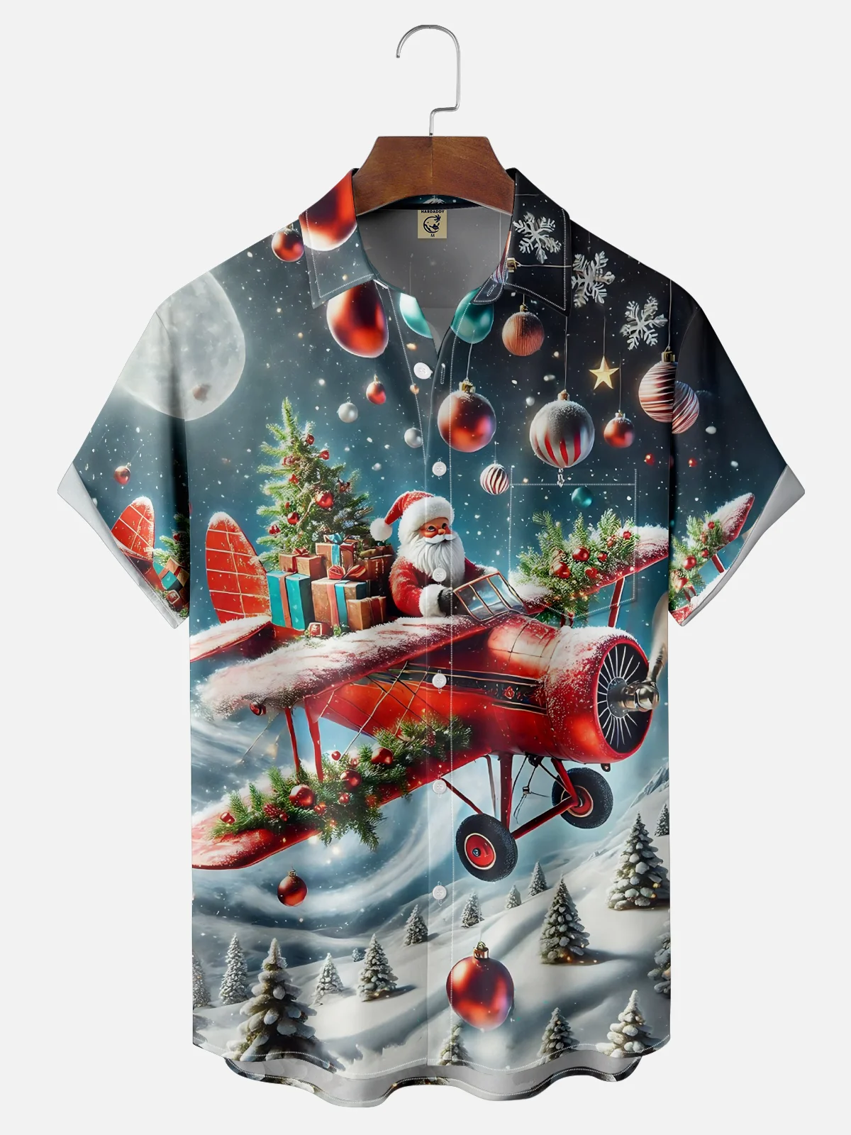 Moisture-wicking Christmas Santa Claus Airplane Christmas Tree Chest Pocket Casual Shirt