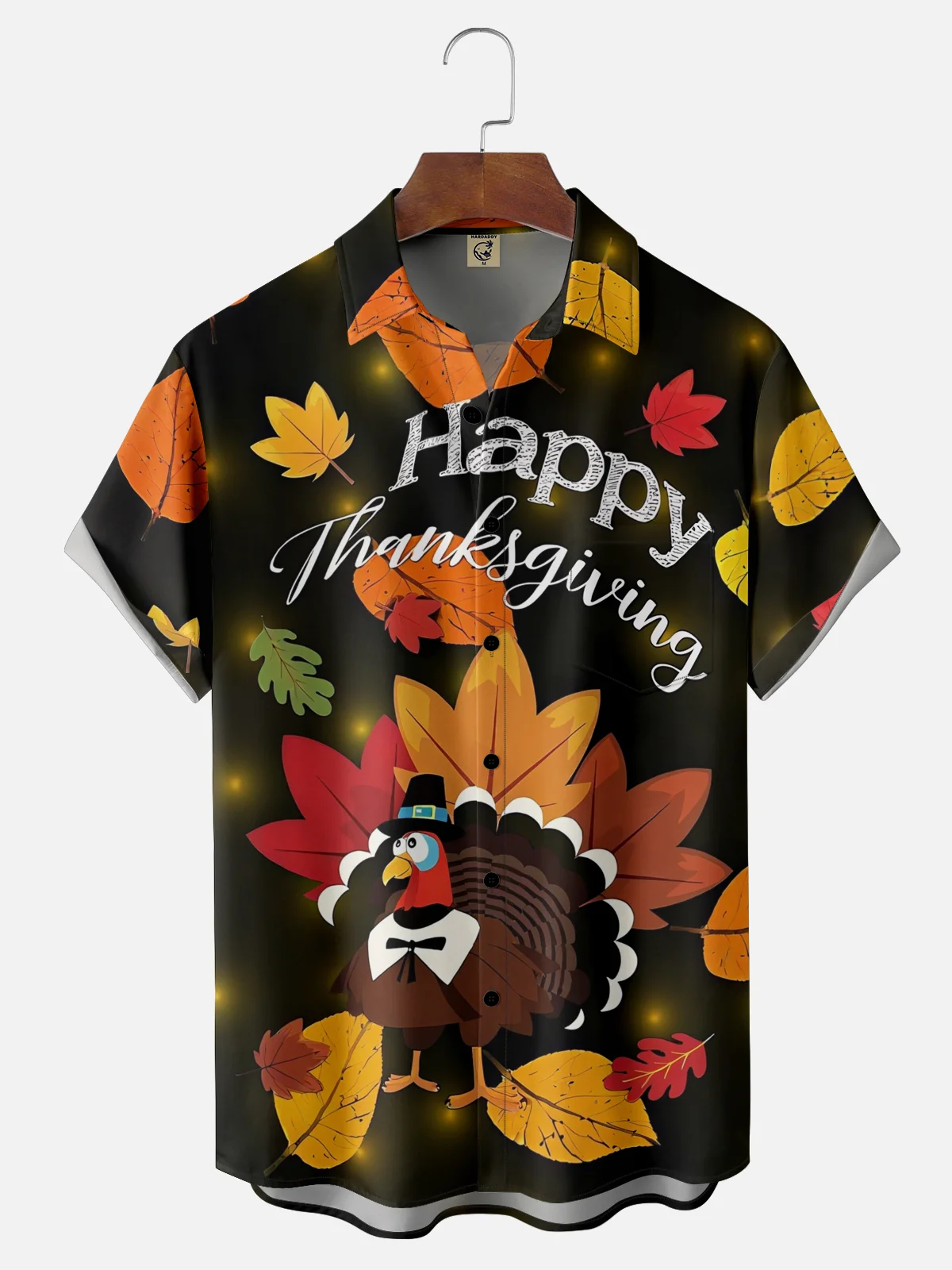 Moisture-Wicking Thanksgiving Turkey Maple Leaf Chest Pocket Hawaiian Shirt