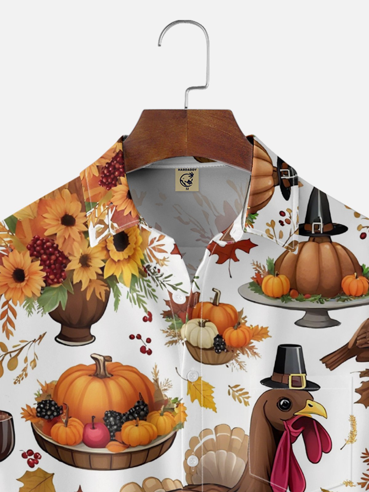 Moisture-Wicking Thanksgiving Turkey Maple Leaf Pumpkin Chest Pocket Hawaiian Shirt