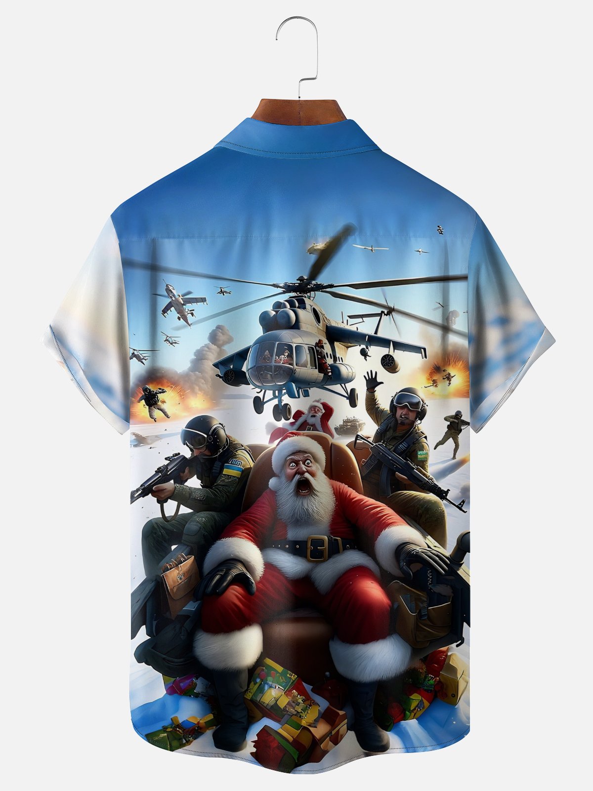 Moisture-Wicking Santa Claus Fighter Chest Pocket Hawaiian Shirt
