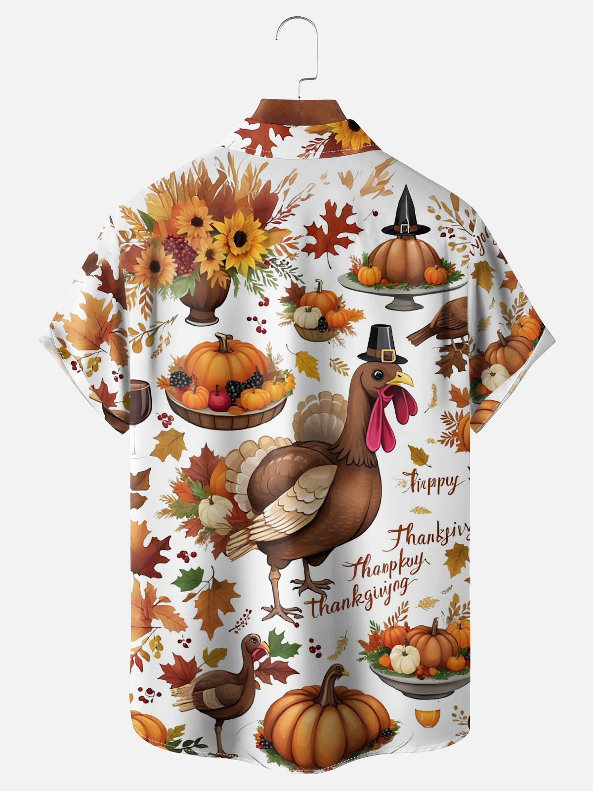 Moisture-Wicking Thanksgiving Turkey Maple Leaf Pumpkin Chest Pocket Hawaiian Shirt