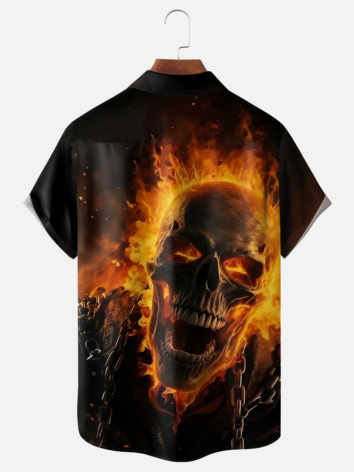 Tall Size Moisture-wicking Flaming Skull Art Halloween Chest Pocket Casual Shirt