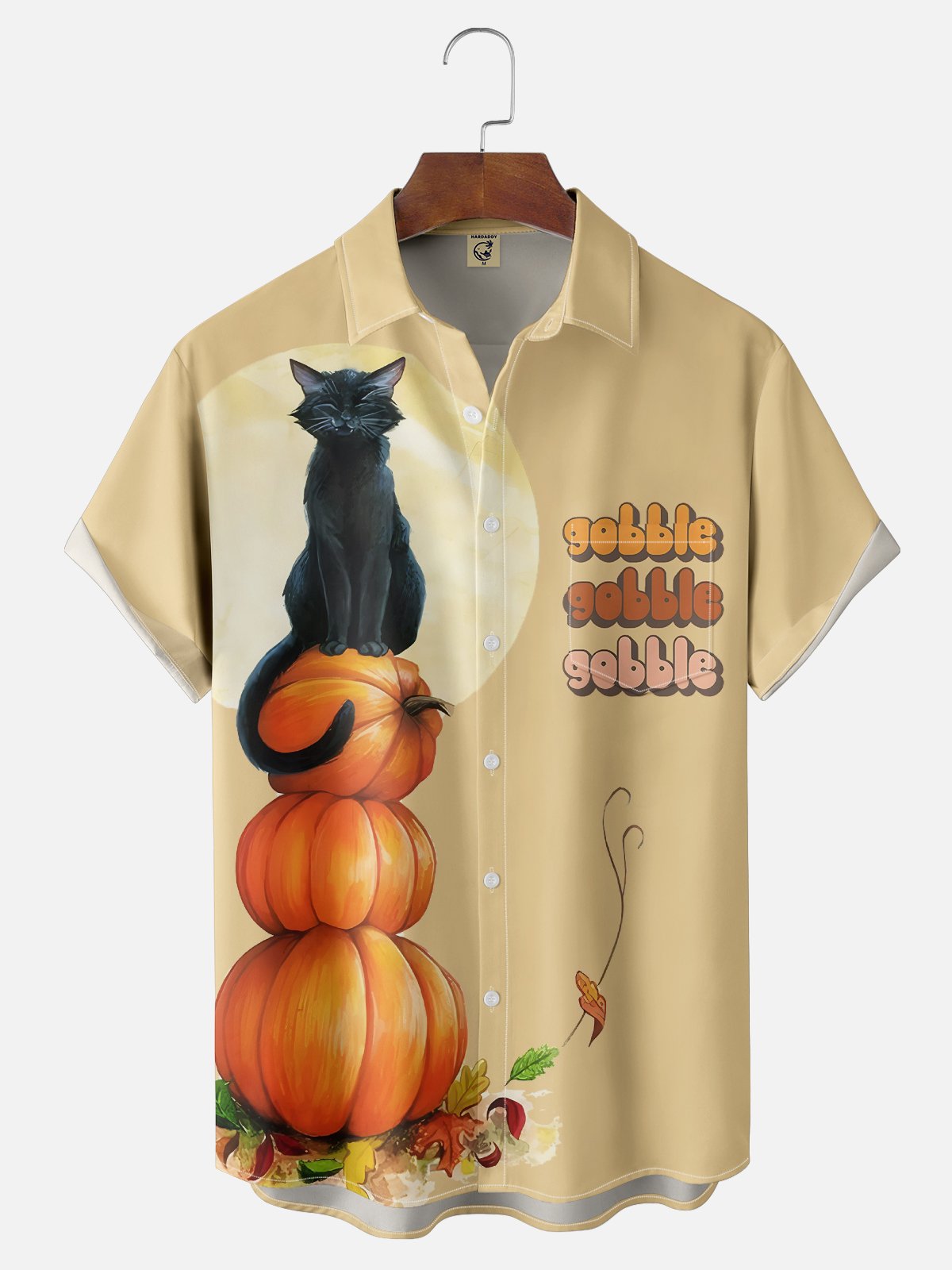 Moisture-wicking Thanksgiving Pumpkin Cat "GOBBLE" Chest Pocket Bowling Shirt