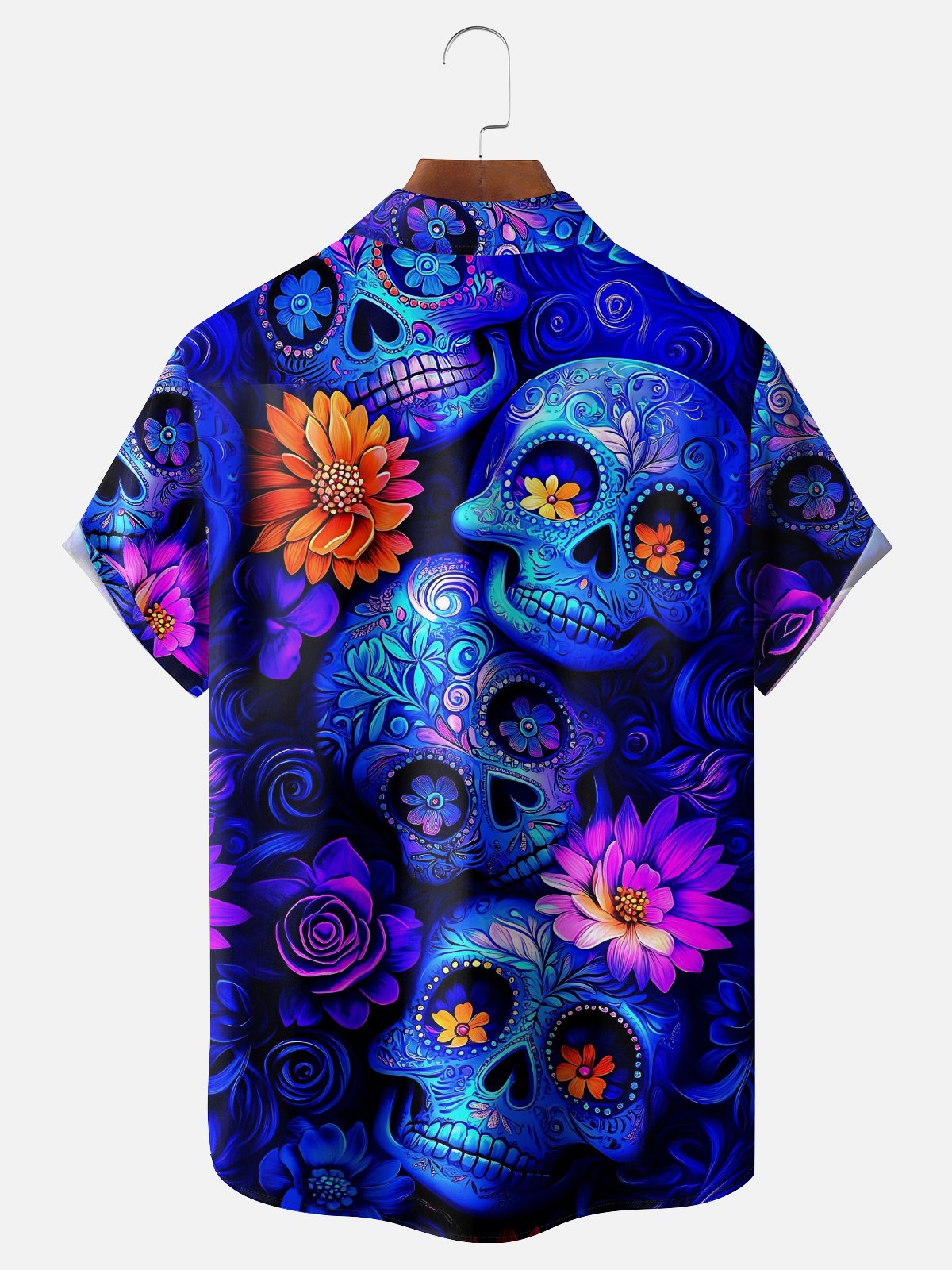 Moisture-Wicking Day Of The Dead Gradient Skull Floral Chest Pocket Hawaiian Shirt