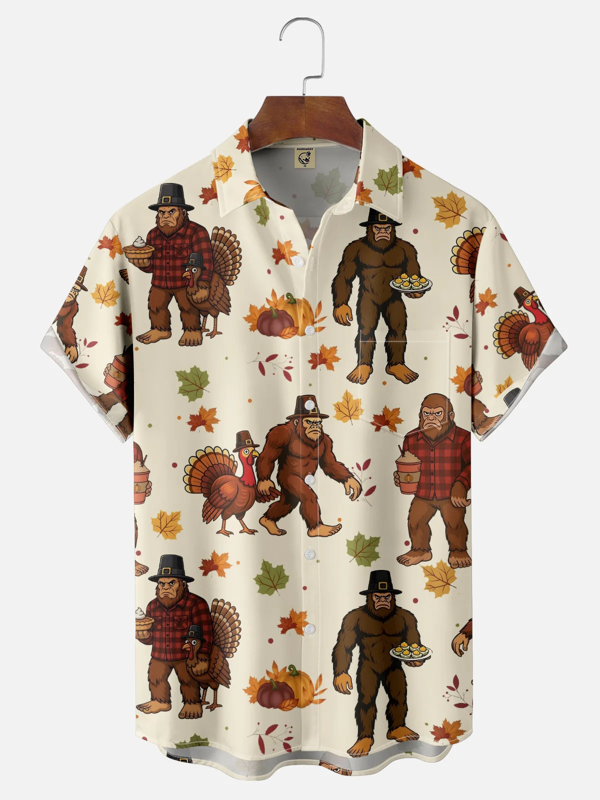Tall Size Moisture-wicking Thanksgiving Turkey Bigfoot Chest Pocket Casual Shirt