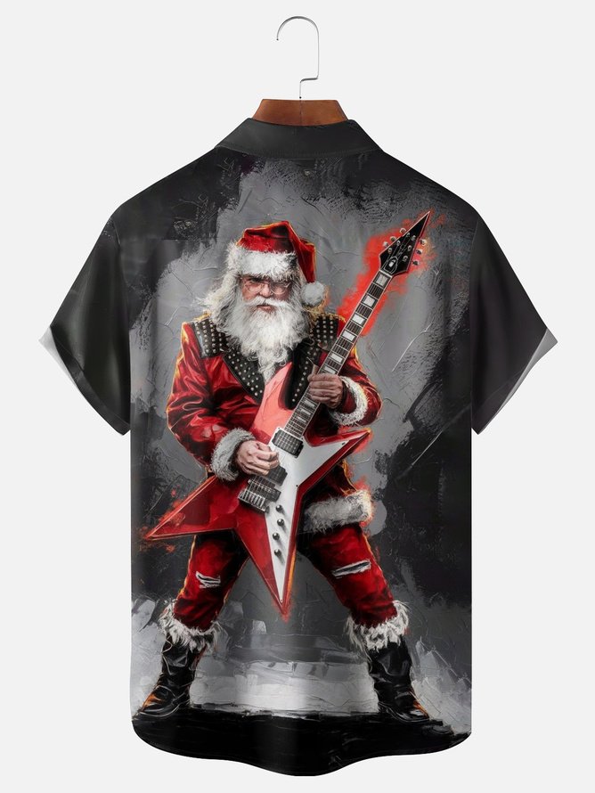 Tall Size Moisture-wicking Christmas Santa Claus Rock Music Chest Pocket Casual Shirt