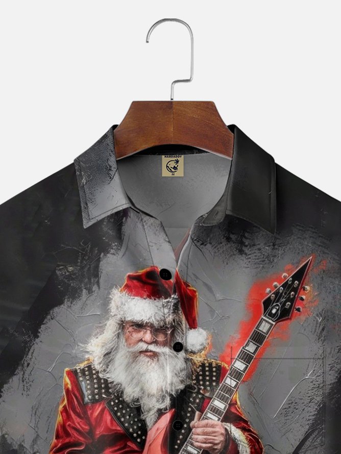 Tall Size Moisture-wicking Christmas Santa Claus Rock Music Chest Pocket Casual Shirt
