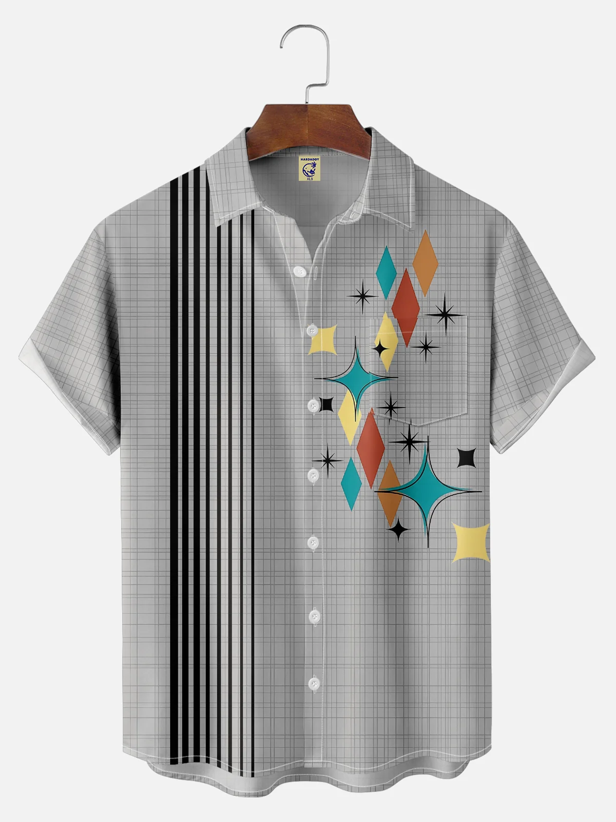 Big Size Moisture-wicking Geomatric Chest Pocket Bowling Shirt