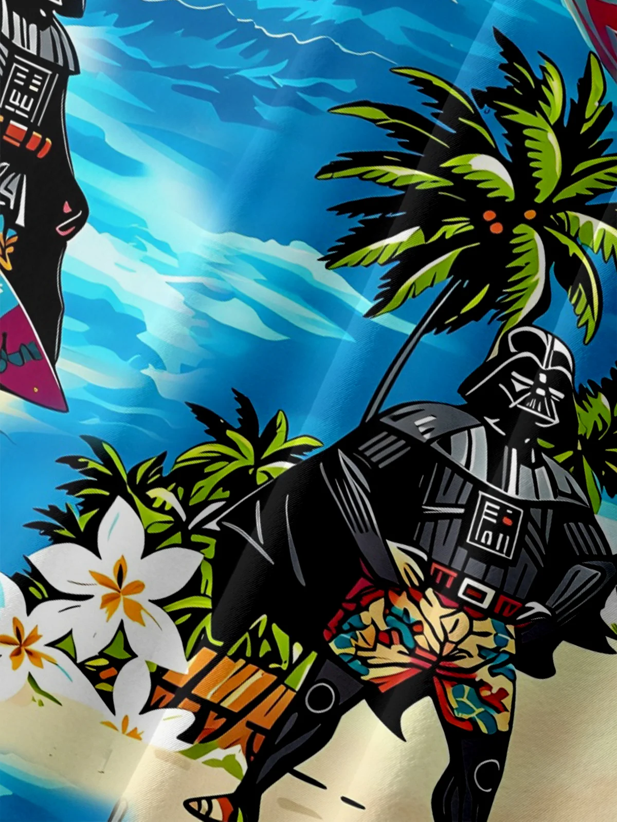 Moisture-Wicking Star Coconut Tree Beach Robot Chest Pocket Hawaiian Shirt