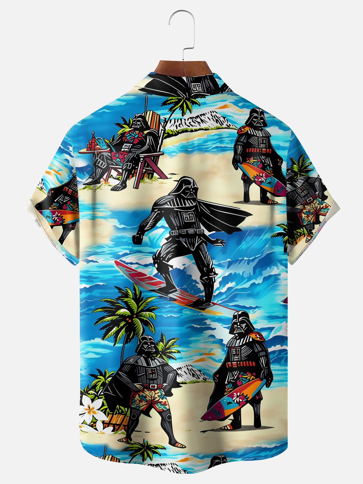 Moisture-Wicking Star Coconut Tree Beach Robot Chest Pocket Hawaiian Shirt