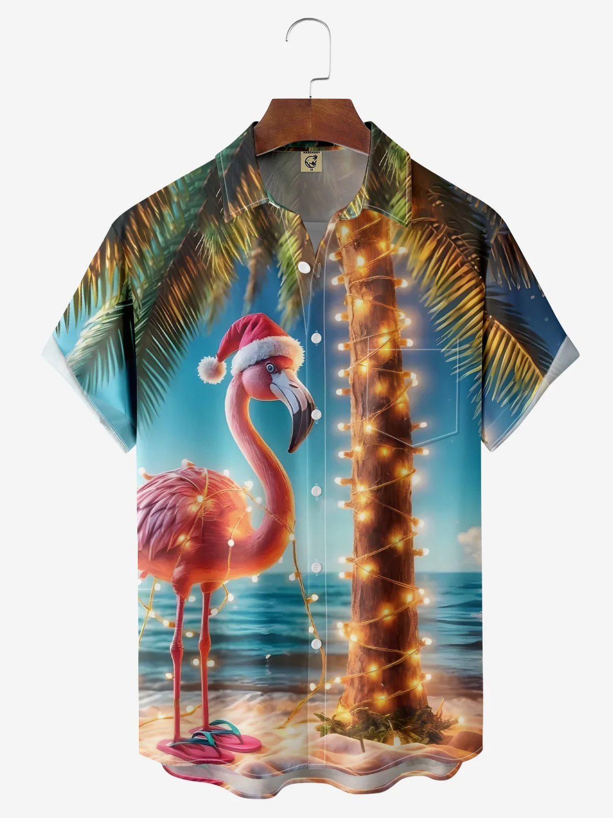 Moisture-wicking Christmas Flamingo Coconut Tree Chest Pocket Casual Shirt