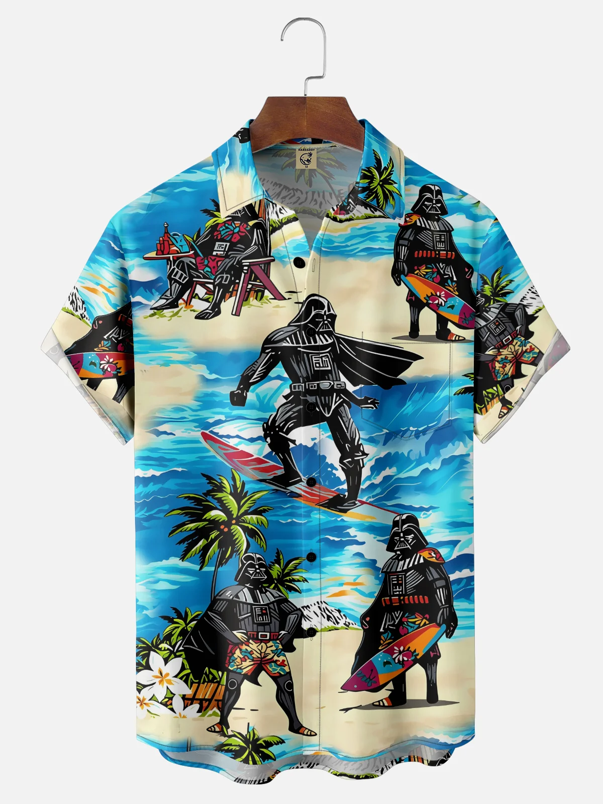 Moisture-Wicking Star Coconut Tree Beach Robot Chest Pocket Hawaiian Shirt