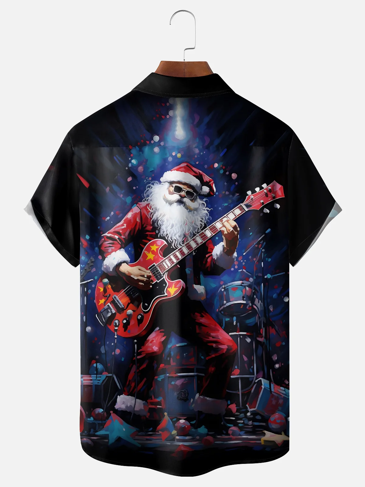 Moisture Wicking Merry Christmas Rock Guitar Santa Chest Pocket Hawaiian Shirt