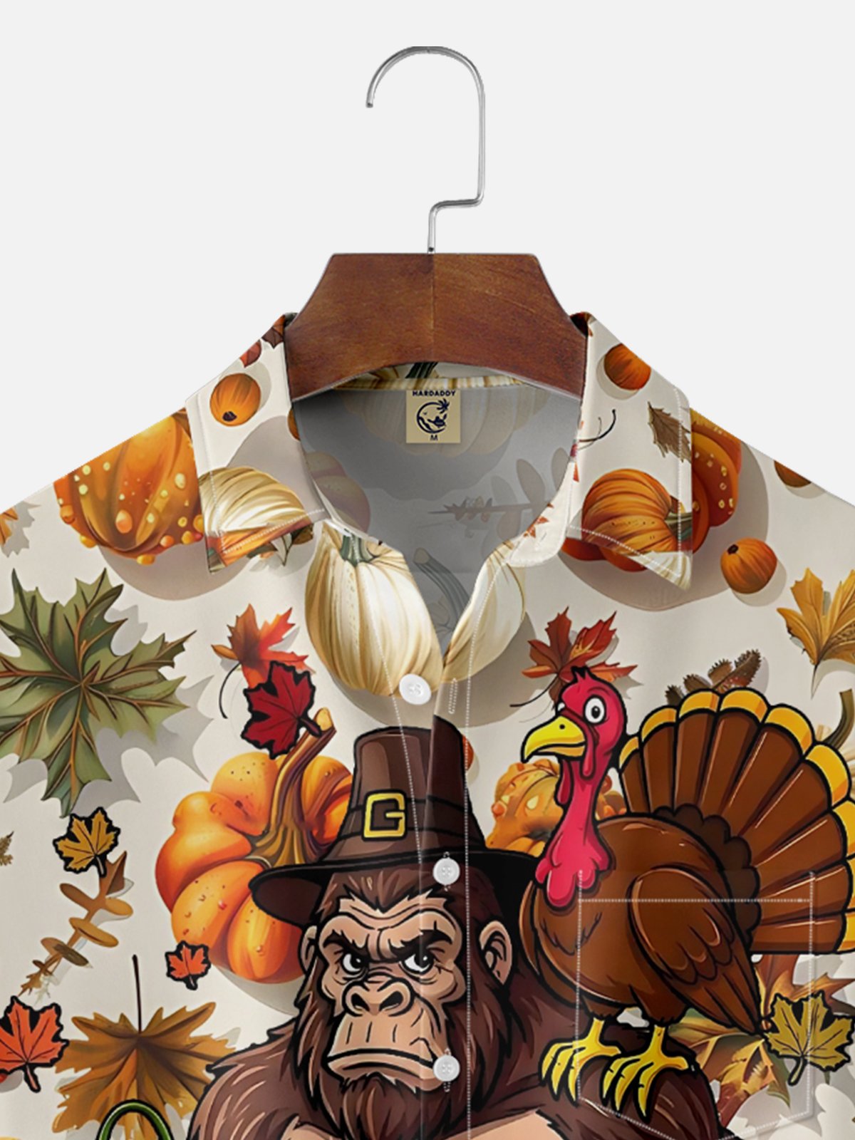 Moisture-Wicking Thanksgiving Bigfoot Turkey Pumpkin Maple Leaf Chest Pocket Hawaiian Shirt